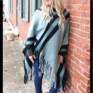 Block Striped Fringed Poncho- Teal